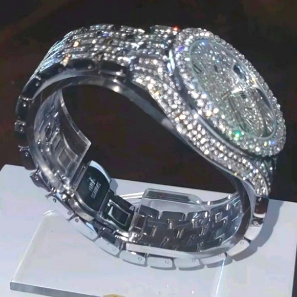 Men's Full Ice Hip Hop Bling Simulated Diamond Steel Band Watch with Day Display - Picture 5 of 12